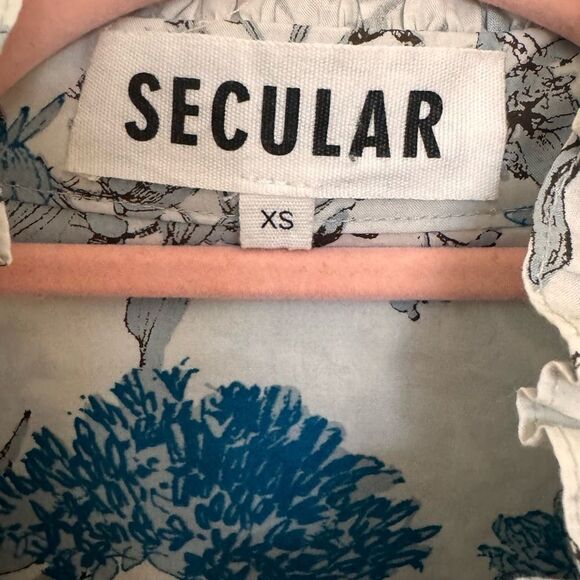 SECULAR LAB  Liberty Print Floral Print White Blue Button Mock Neck Tunic Sz XS - Picture 5 of 14